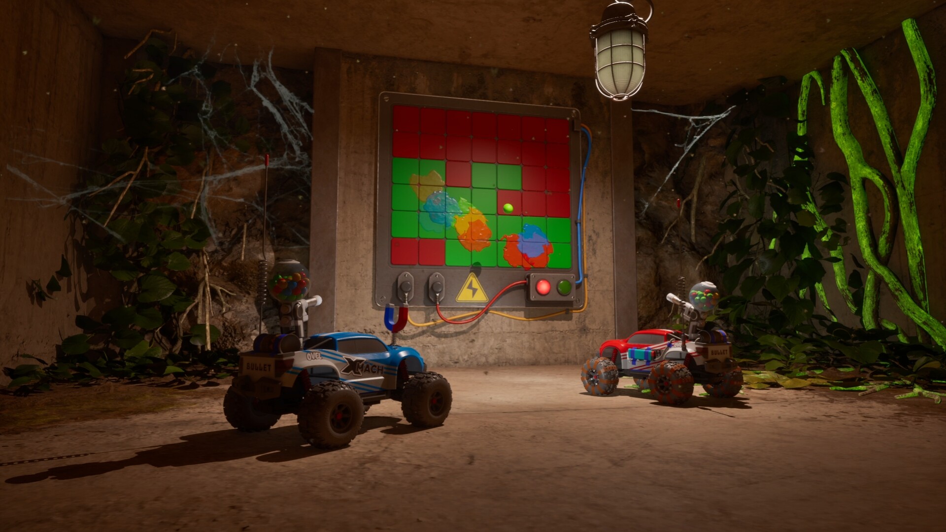 Two RC cars facing a puzzle panel in WheelMates