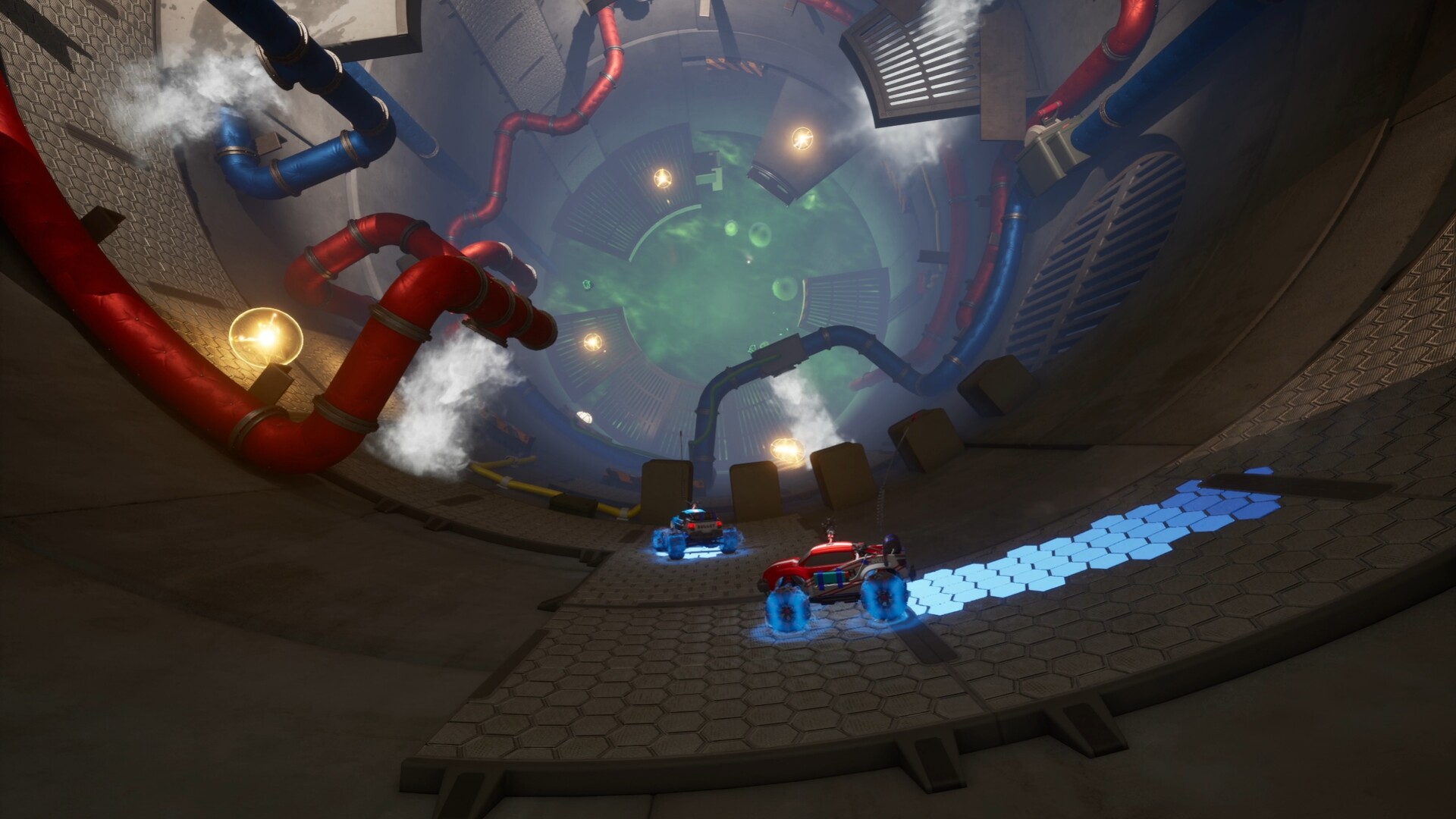 Two RC cars climbing through an industrial shaft in WheelMates