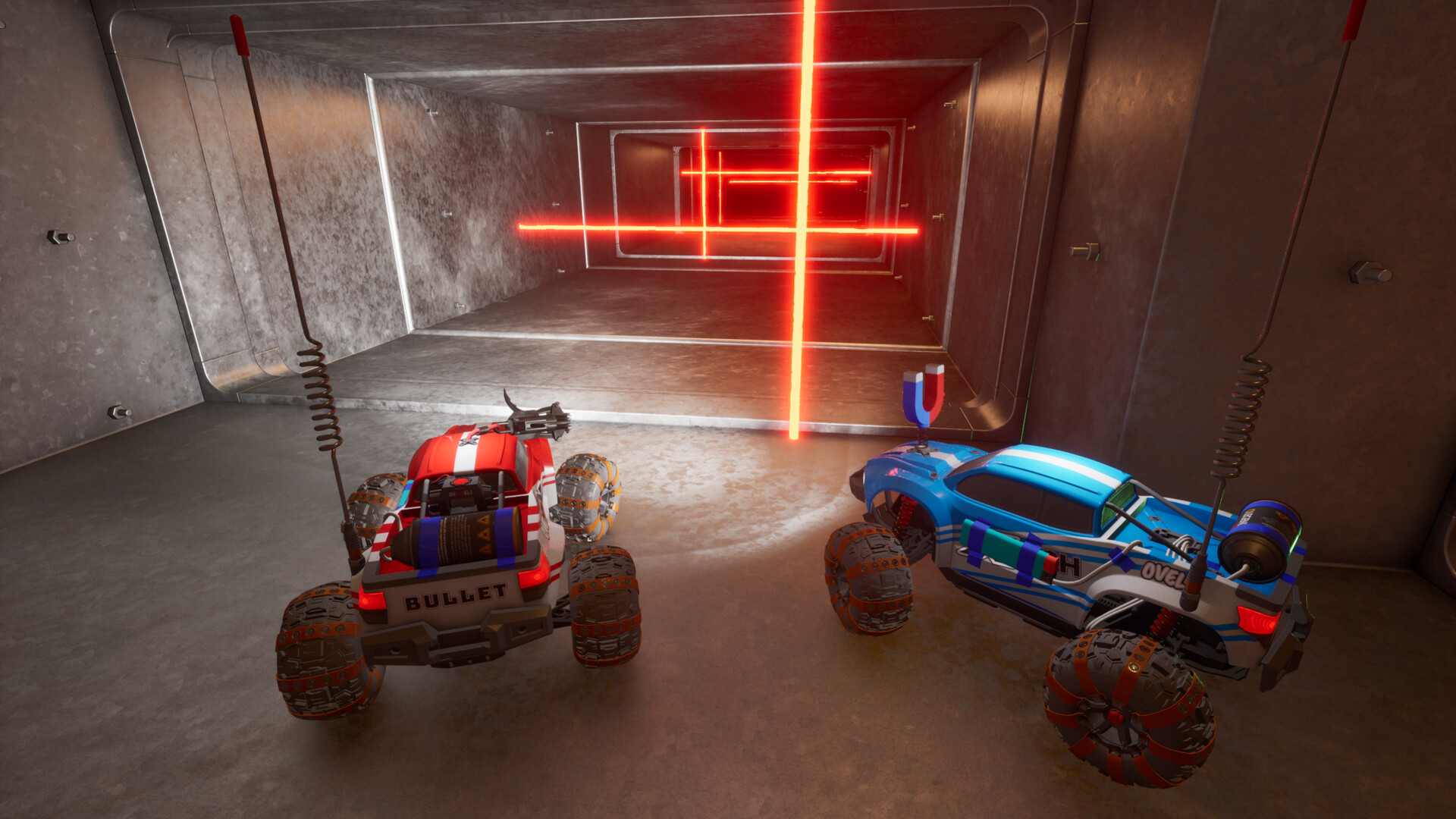 WheelMates RC cars approaching a red laser obstacle